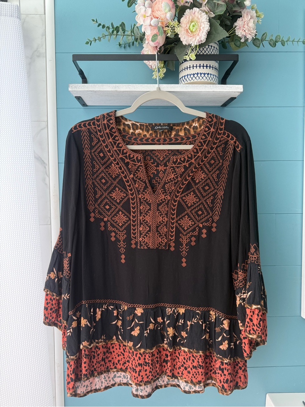John Mark Boho Embroidered Tunic Top Black Rust Mixed Print Blouse - Size M